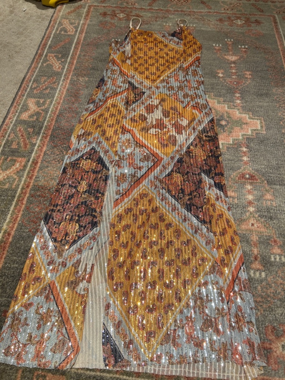 ZARA Print Dress With Sequins Orange Size Medium